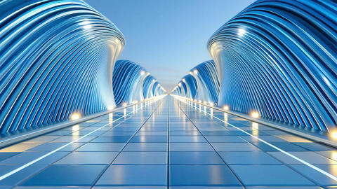 Futuristic blue modern architecture corridor flythrough