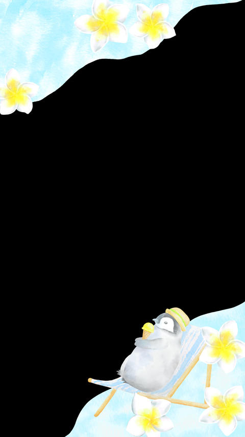 A vertical summer-themed frame featuring a baby penguin relaxing in a beach chair