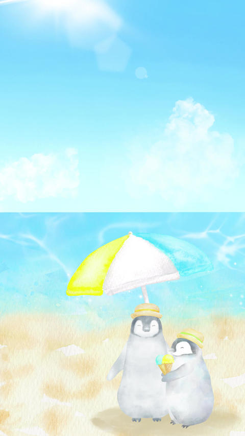 A vertical watercolor loop animation of two penguin brothers enjoying ice cream on the beach