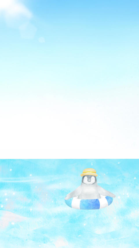 A vertical animation of a baby penguin splashing around in a swim ring