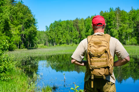 male traveler with backpack stands from behind by forest lake, concept of summer hiking, peaceful