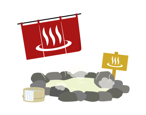 温泉のれんと岩風呂、木桶とタオルの温泉旅行イラストセット
