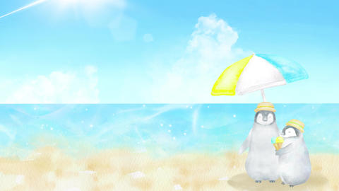 A watercolor loop animation of two penguin brothers enjoying ice cream on the beach