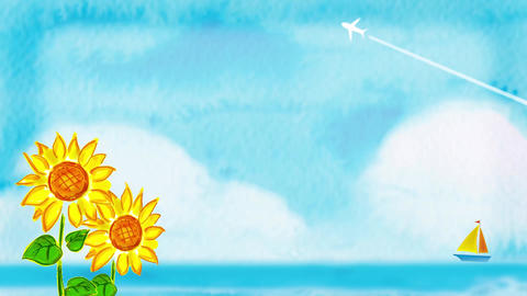 向日葵と飛行機雲とヨットのある夏っぽいモーションアニメーション動画背景素材