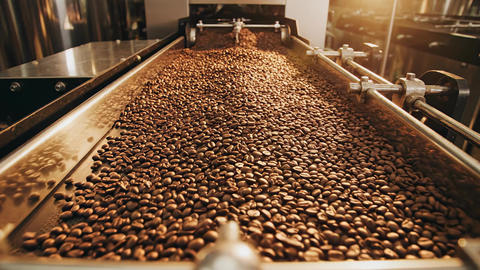 Roasted coffee beans transported on conveyor belt in factory. Processing agricultural crop in