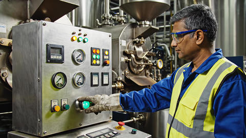 Experienced man roasting coffee beans in factory. Operator using automated roaster control panel