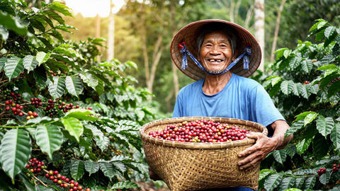 Asian man farmer harvesting coffee beans in plantation. Smiling elderly worker holding wicker basket