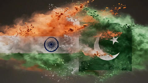 Slow Motion Collision of Colored Powder Dust Forming India and Pakistan Flags Concept