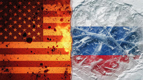 Split Screen of Glowing Burning USA Flag and Frozen Icy Russian Flag Concept