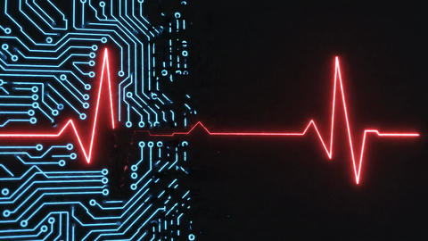 Glowing Red Heartbeat Line Morphing Into Blue Digital Circuit Board On Dark Background Concept