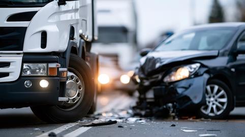 Truck and car collision causing road accident damage