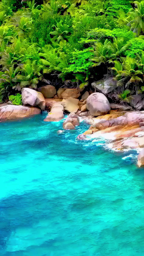 Blue tropical lagoon of a paradise coast with beautiful palm trees