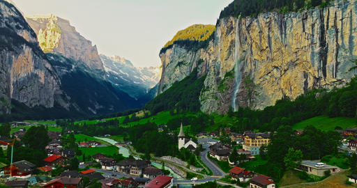 Aerial view of Lauterbrunnen valley in Switzerland. Swiss alpine village