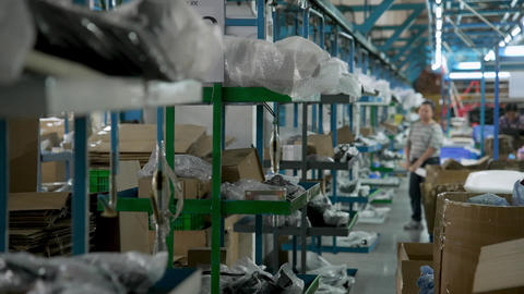 Factory Production Line Workers Packaging Goods into Commercial Cargo Boxes