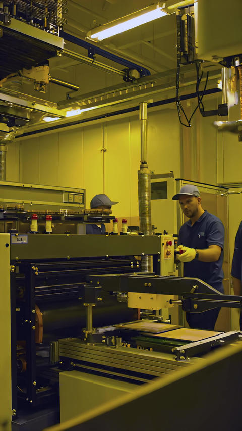 Cleanroom technicians inspecting semiconductor machine station in warm yellow fab area, checking