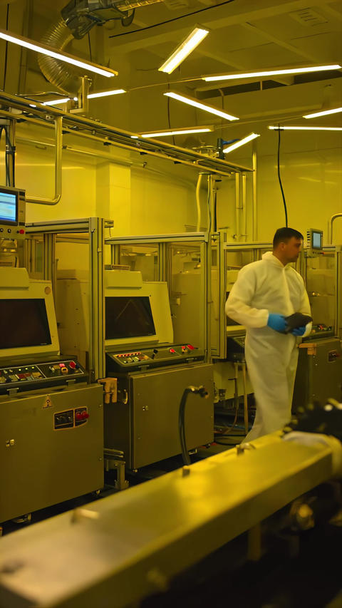Semiconductor factory cleanroom technicians monitoring machines in wide interior view, overseeing