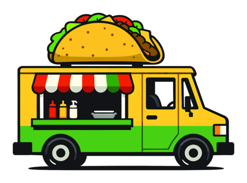 Mobile taco truck serves quick meals, offering street-side food and takeout, crowned by a giant taco