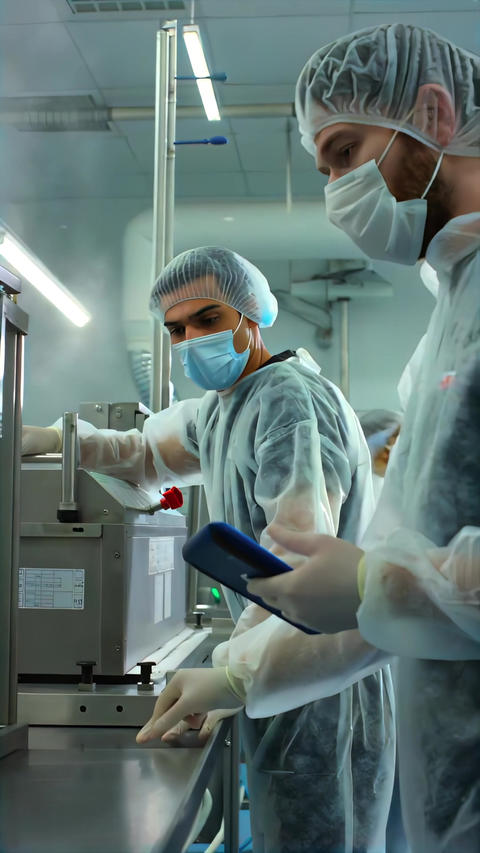 Cleanroom workers in sterile suits checking production line equipment from side view, coordinating