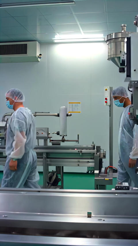Workers in sterile suits inspecting production line inside HEPA-filtered cleanroom, monitoring