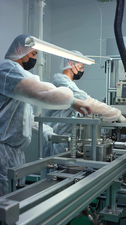 Workers inspecting production line HEPA-filtered cleanroom, adjusting stainless equipment task