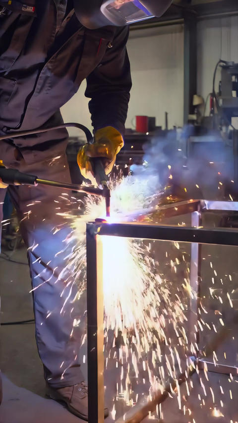 Welder joining metal frame in close-up workshop view, bright arc sparks flying from steel corner