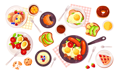 Healthy Breakfast Spread with Eggs and Pancakes