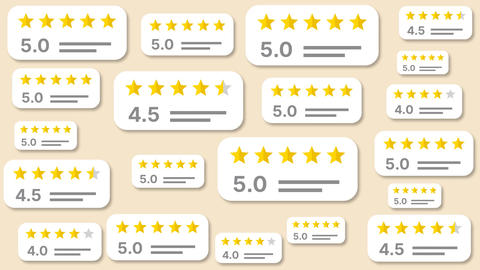 Floating customer rating cards animation with 5.0, 4.5 and 4.0 star scores, golden stars and gray