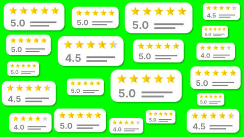 Floating customer rating cards animation on green screen background with 5.0, 4.5 and 4.0 star