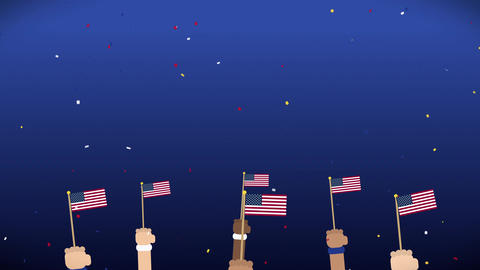 Hands with flags of America with blue background for 4th of July Independence day