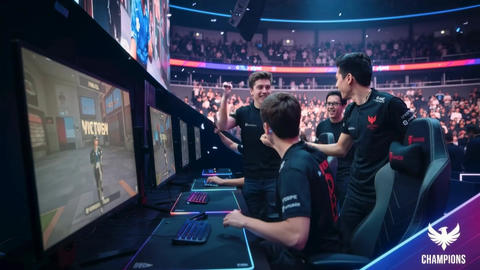 Professional esports gamer competing in arena tournament with team victory and