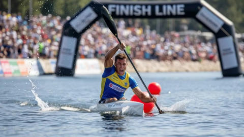 Kayaker crossing finish buoy during flatwater sprint race with powerful paddle
