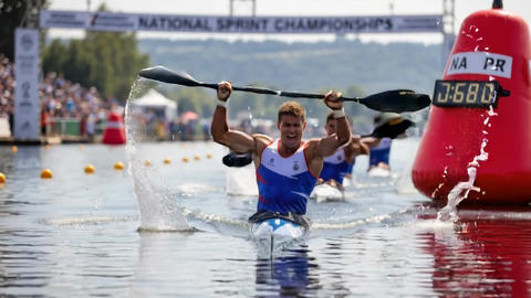 Kayaker crossing finish buoy during flatwater sprint race with powerful paddle