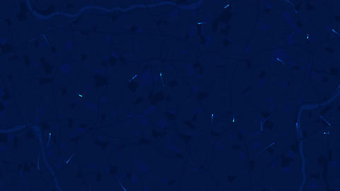 Abstract dark blue background with glowing cyan light trails and particles floating across deep navy
