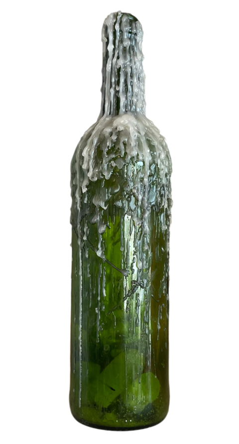 Wine Bottle Candle Holder Covered in Melted Wax