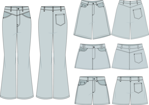 A comprehensive vector collection of women's denim apparel technical sketches