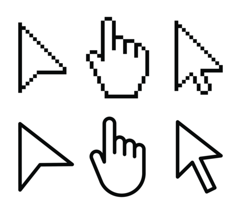 Pixel and outline cursor icon set illustration with arrow pointer and hand click symbols in black,