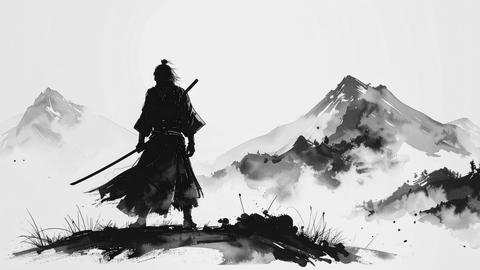 Samurai Japanese Warrior Black Ink Brush Painting Part 0062706