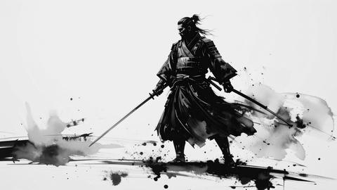 Samurai Japanese Warrior Black Ink Brush Painting Part 0062739