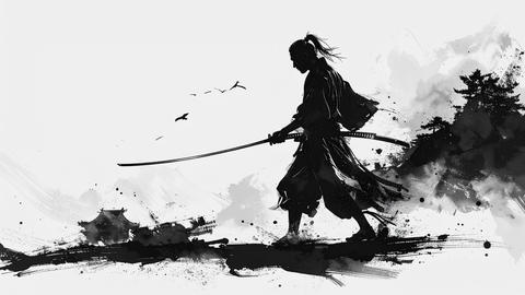 Samurai Japanese Warrior Black Ink Brush Painting Part 0062773