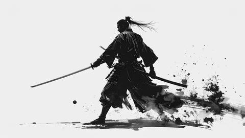 Samurai Japanese Warrior Black Ink Brush Painting Part 0062814
