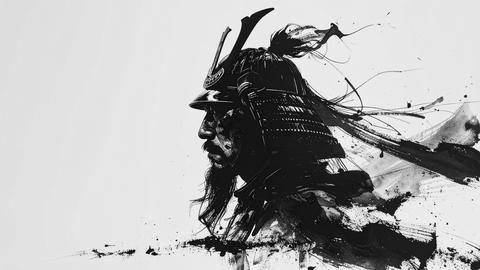 Samurai Japanese Warrior Black Ink Brush Painting Part 0062825