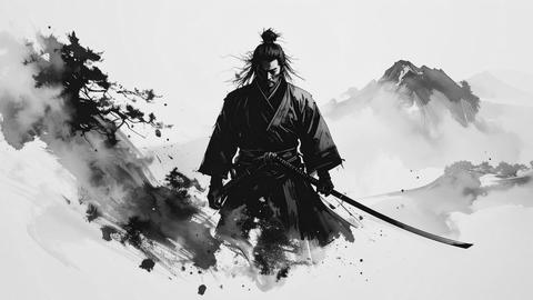 Samurai Japanese Warrior Black Ink Brush Painting Part 0062840