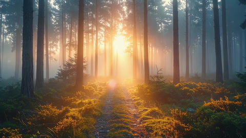 Dolly shot into misty forest sunrise with magical pink glowing particles