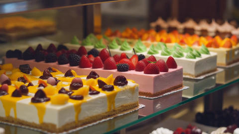 Fruit Topped Cakes in Showcase