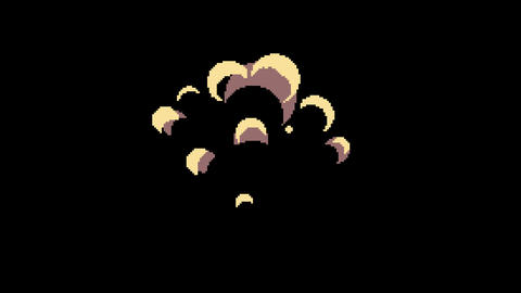 Explosions and smoke on a pixel art ground, transparent background, yellow