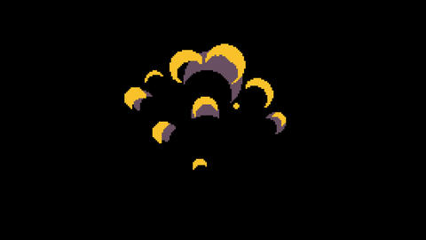 Explosions and smoke on a pixel art ground, transparent background, red