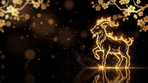 Happy Chinese New Year 2027 with a shining golden fire goat symbol with gold cherry blossom branches