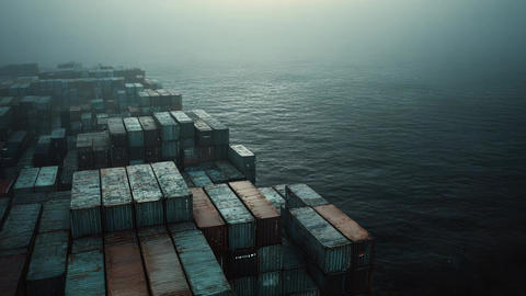 Massive cargo ship carrying containers through dense ocean fog