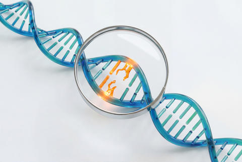 DNA double helix with magnifying glass showing genetic damage