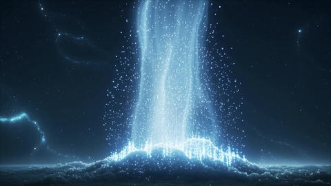 Blue Energy Beam Rising from Sparkling Particle Surface